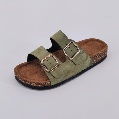 Summer Trendy Buckle Flat Cork Slippers, One-Strap Casual Outdoor Sandals, Versatile Fashionable Beach Comfort