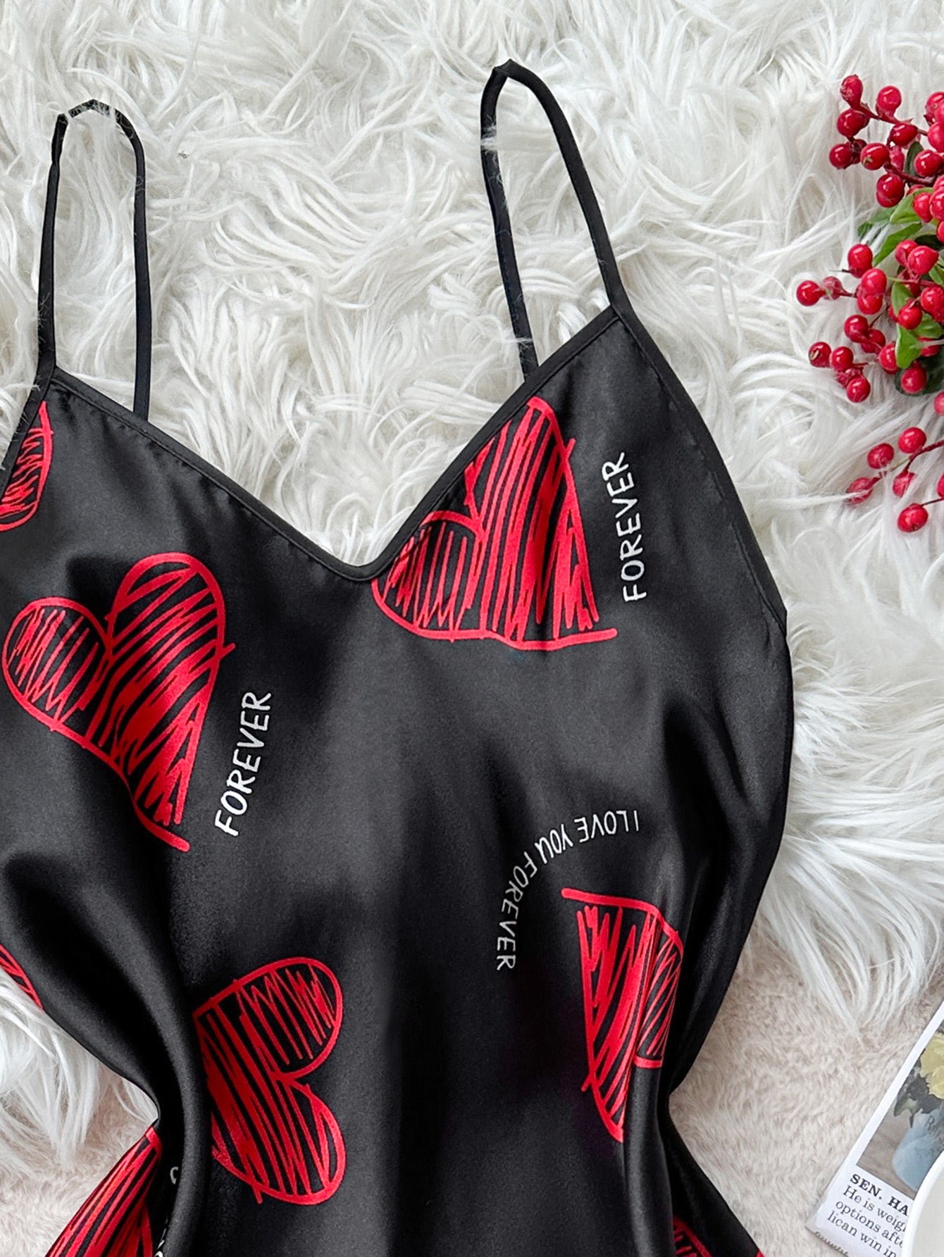 Valentine's Day Satin Slip Nightdress for Women, Red Lip Print V Neck Backless Mini Sleep Dress & Nightwear