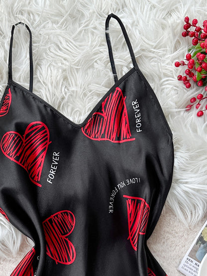 Valentine's Day Satin Slip Nightdress for Women, Red Lip Print V Neck Backless Mini Sleep Dress & Nightwear