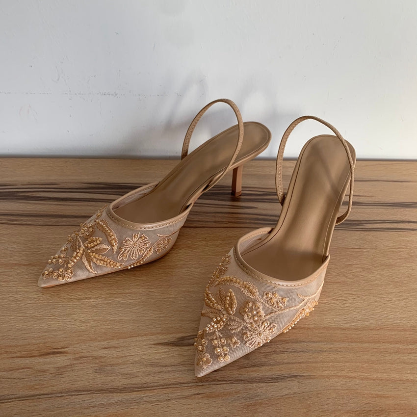 Mesh Embroidered Flowers High Heels Sandals Women Sexy Slingback Pointed Toe Pumps Summer Dress Sho 2