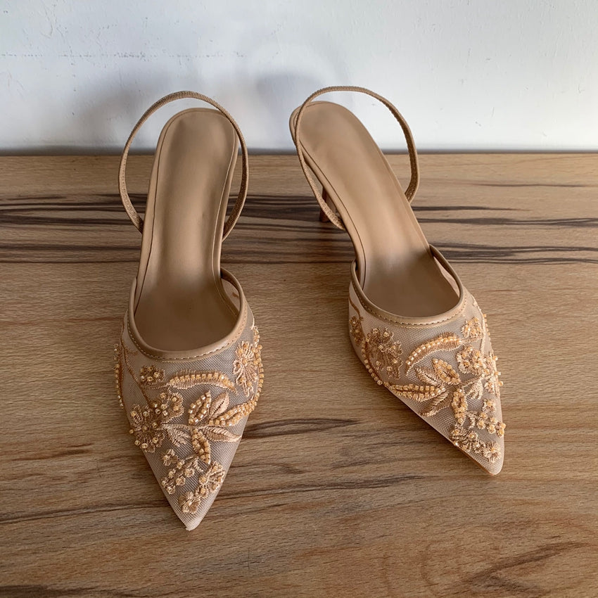 Mesh Embroidered Flowers High Heels Sandals Women Sexy Slingback Pointed Toe Pumps Summer Dress Sho 4