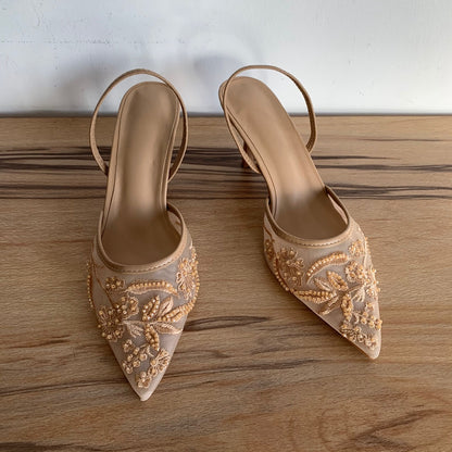 Mesh Embroidered Flowers High Heels Sandals Women Sexy Slingback Pointed Toe Pumps Summer Dress Sho 4