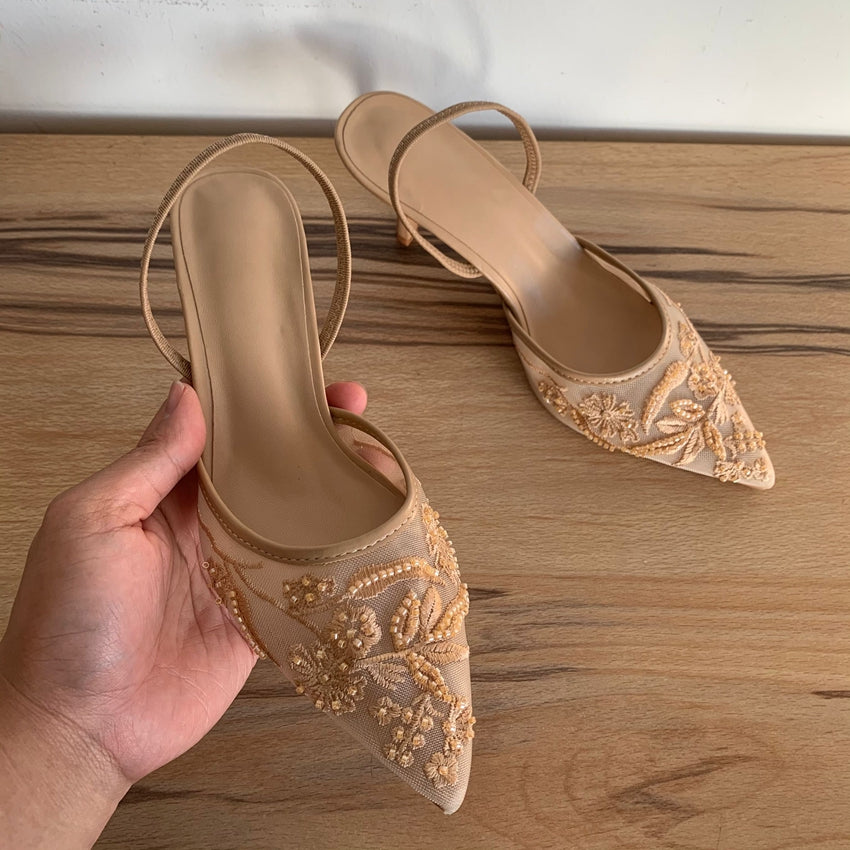 Mesh Embroidered Flowers High Heels Sandals Women Sexy Slingback Pointed Toe Pumps Summer Dress Sho 5