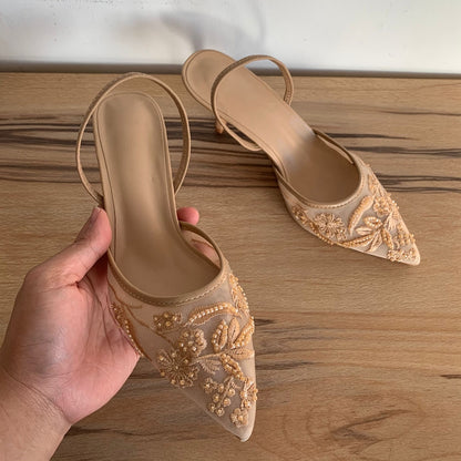 Mesh Embroidered Flowers High Heels Sandals Women Sexy Slingback Pointed Toe Pumps Summer Dress Sho 5