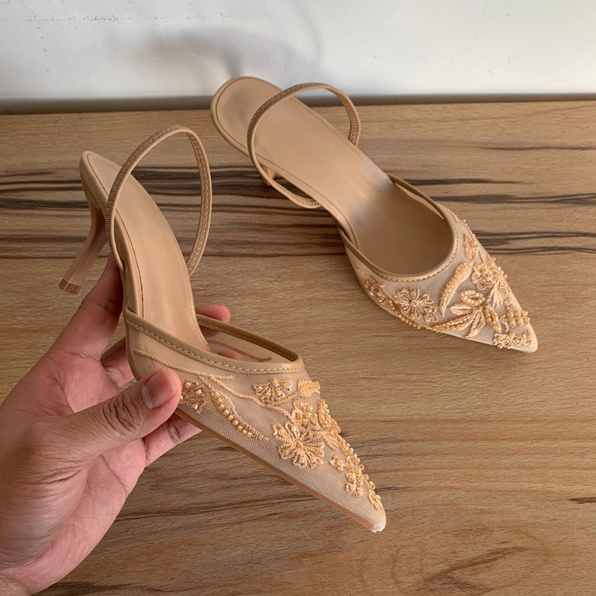 Mesh Embroidered Flowers High Heels Sandals Women Sexy Slingback Pointed Toe Pumps Summer Dress Sho 6