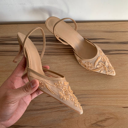 Mesh Embroidered Flowers High Heels Sandals Women Sexy Slingback Pointed Toe Pumps Summer Dress Sho 6