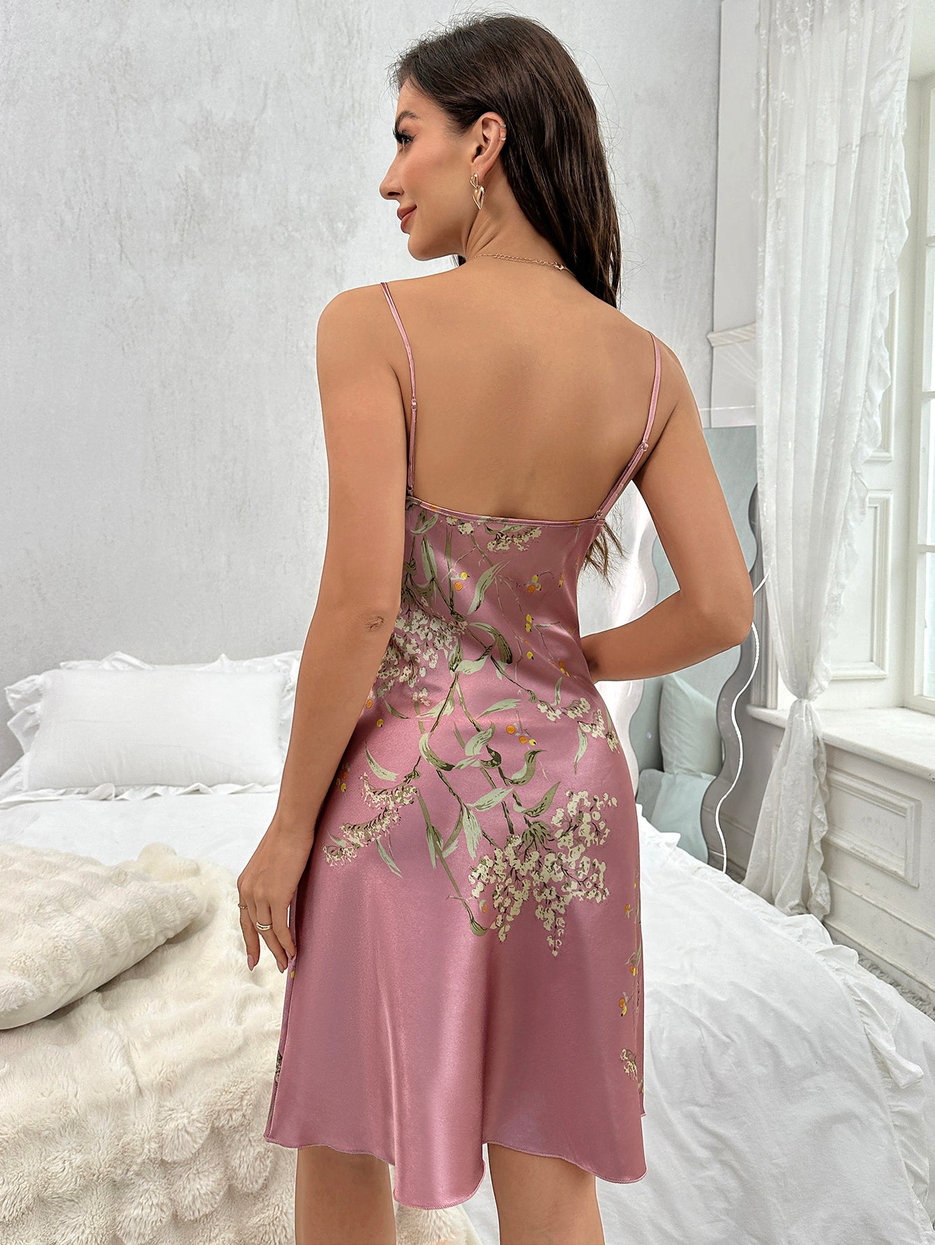 Women Sexy V Neck Spaghetti Strap Floral Print Nightdress, Lightweight Sleep Dress & Sleepwear Dresses for Women