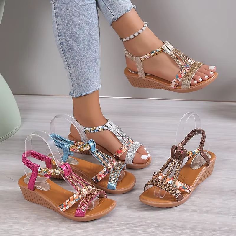 Women's Bohemian Wedge Sandals – Rhinestone Platform Summer Sandals with Peep Toe Design