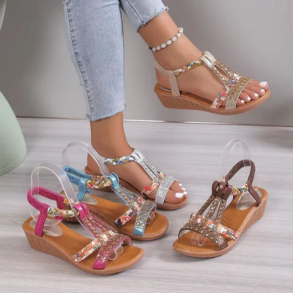 Women's Bohemian Wedge Sandals – Rhinestone Platform Summer Sandals with Peep Toe Design