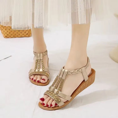 Womens Bohemian Wedge Sandals  Rhinestone Platform Summer Sandals With Peep Toe Design 7