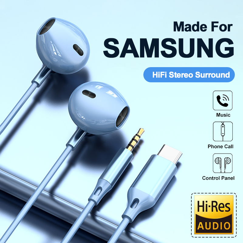 Wired Earplugs for Galaxy, HiFi Surround Sound In-ear, USB Type C 3.5mm Wire Control