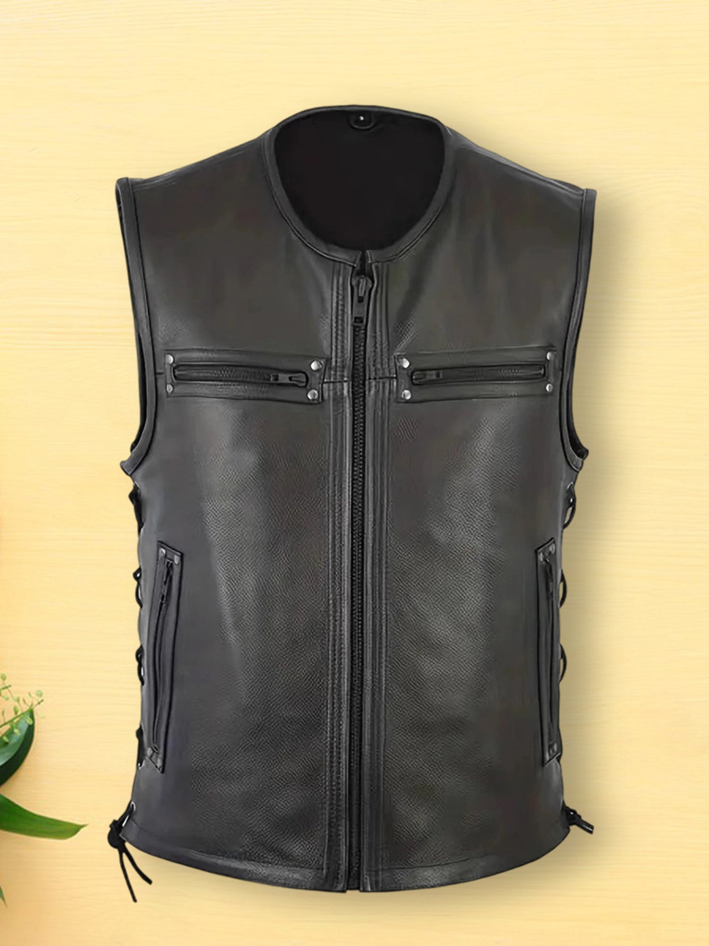 Genuine Leather Biker Vest for Men, Stylish Sleeveless Jacket, with Zipper Closure and Multiple Pockets