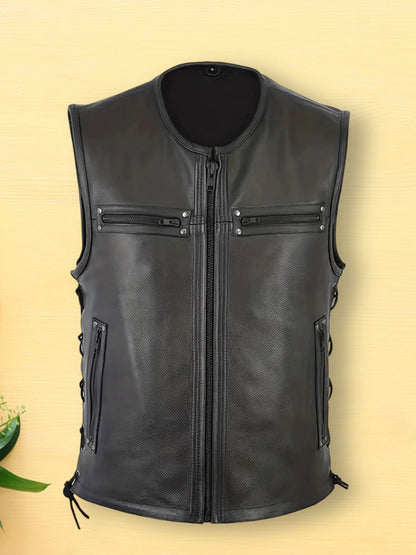 Genuine Leather Biker Vest for Men, Stylish Sleeveless Jacket, with Zipper Closure and Multiple Pockets