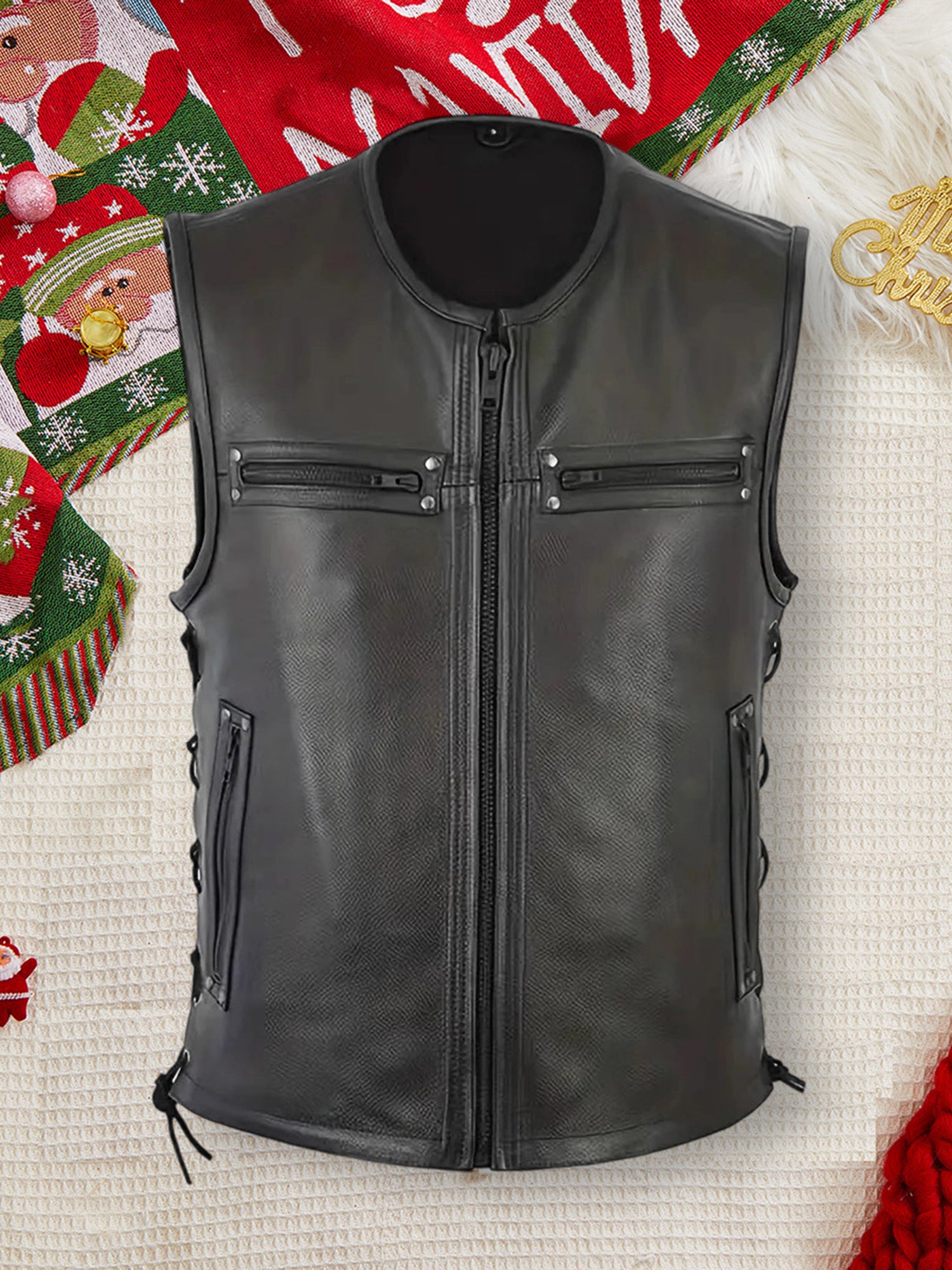 Genuine Leather Biker Vest for Men, Stylish Sleeveless Jacket, with Zipper Closure and Multiple Pockets