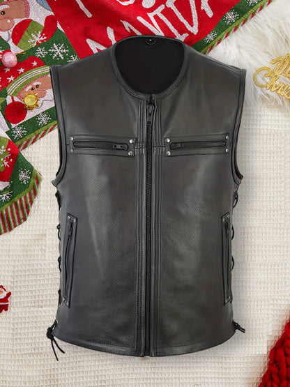 Genuine Leather Biker Vest for Men, Stylish Sleeveless Jacket, with Zipper Closure and Multiple Pockets