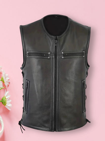 Genuine Leather Biker Vest for Men, Stylish Sleeveless Jacket, with Zipper Closure and Multiple Pockets