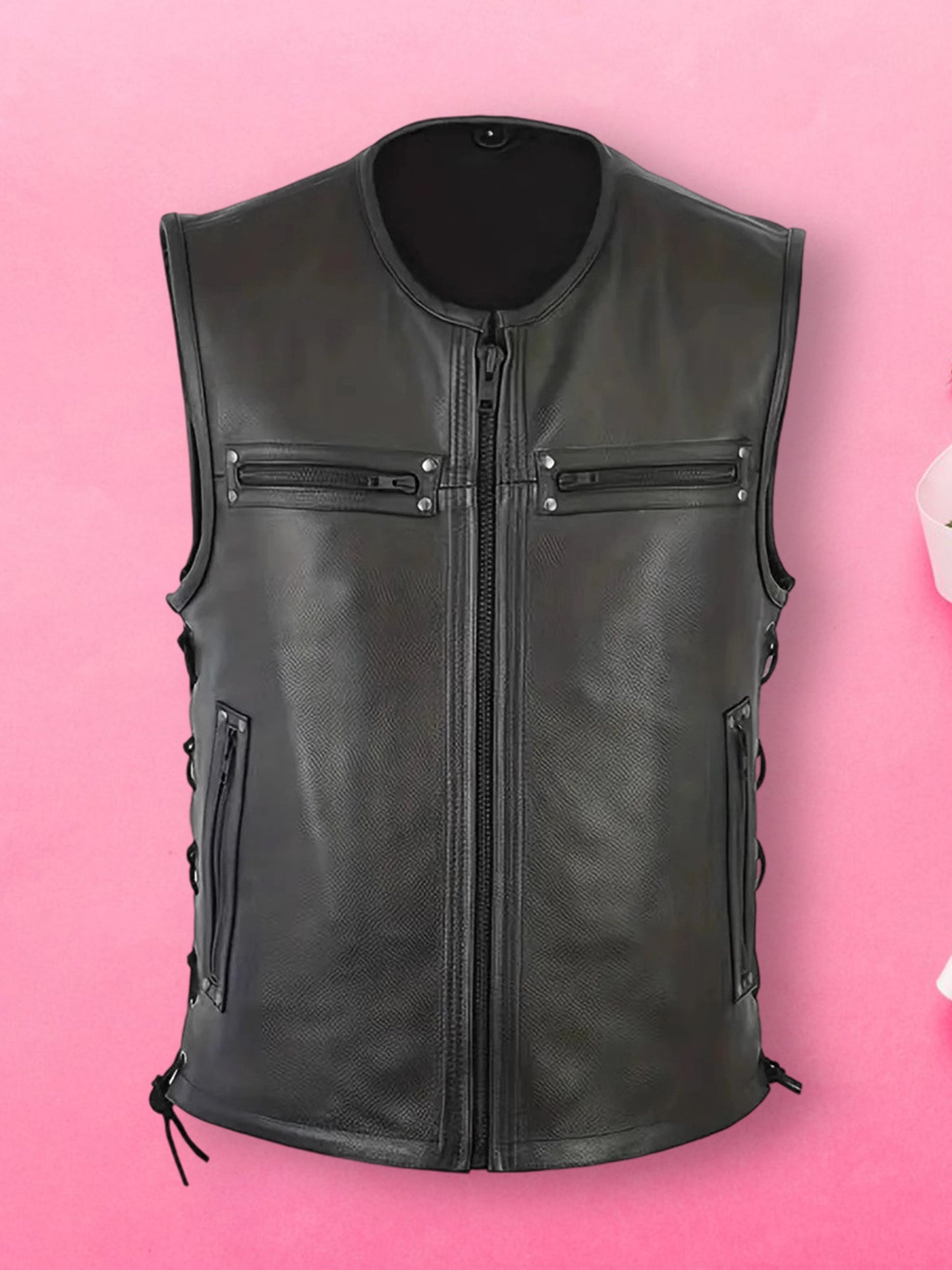 Genuine Leather Biker Vest for Men, Stylish Sleeveless Jacket, with Zipper Closure and Multiple Pockets