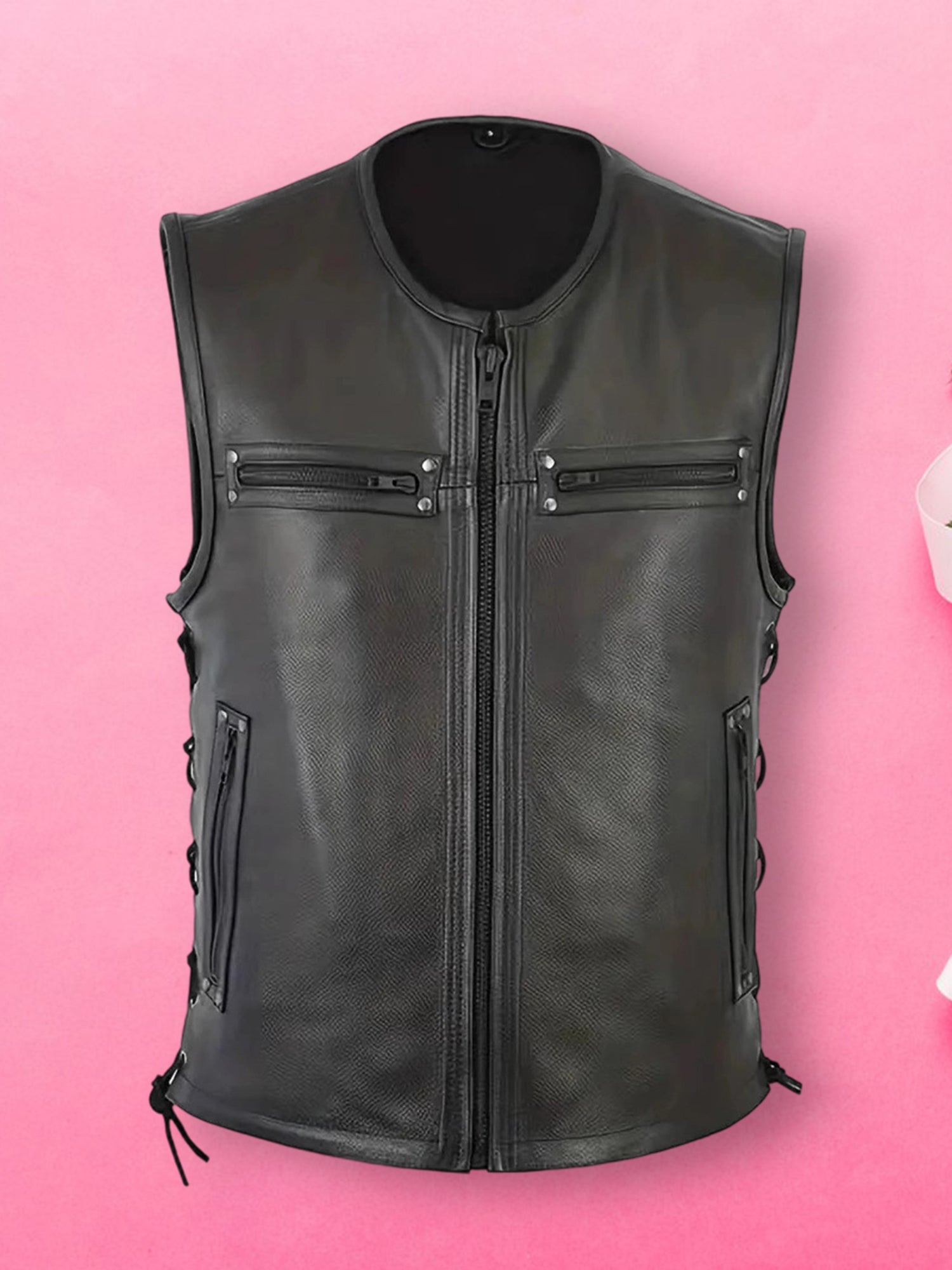 Genuine Leather Biker Vest for Men, Stylish Sleeveless Jacket, with Zipper Closure and Multiple Pockets