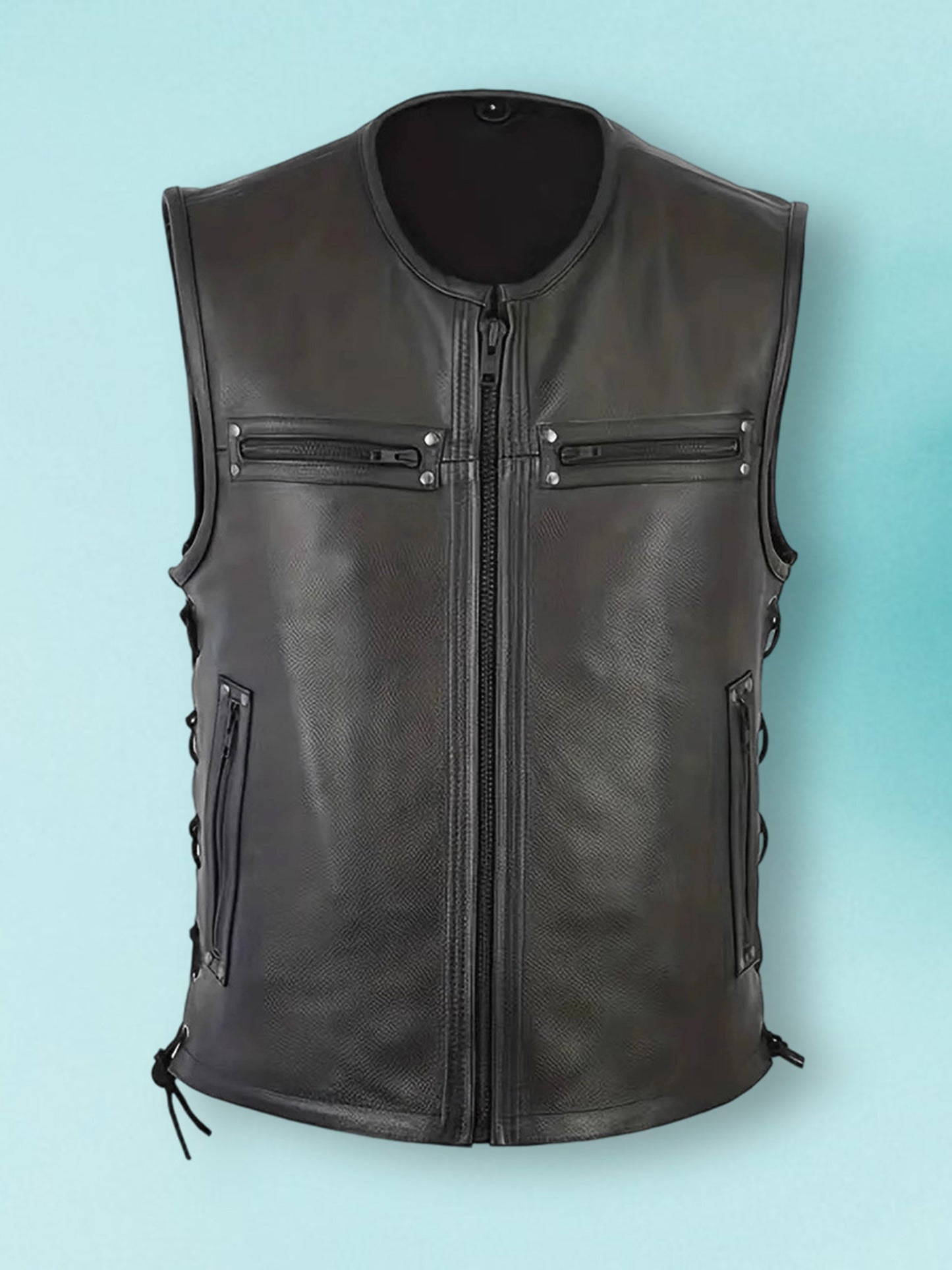 Genuine Leather Biker Vest for Men, Stylish Sleeveless Jacket, with Zipper Closure and Multiple Pockets