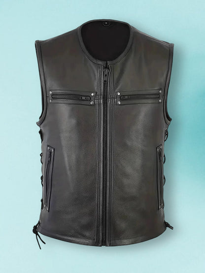 Genuine Leather Biker Vest for Men, Stylish Sleeveless Jacket, with Zipper Closure and Multiple Pockets