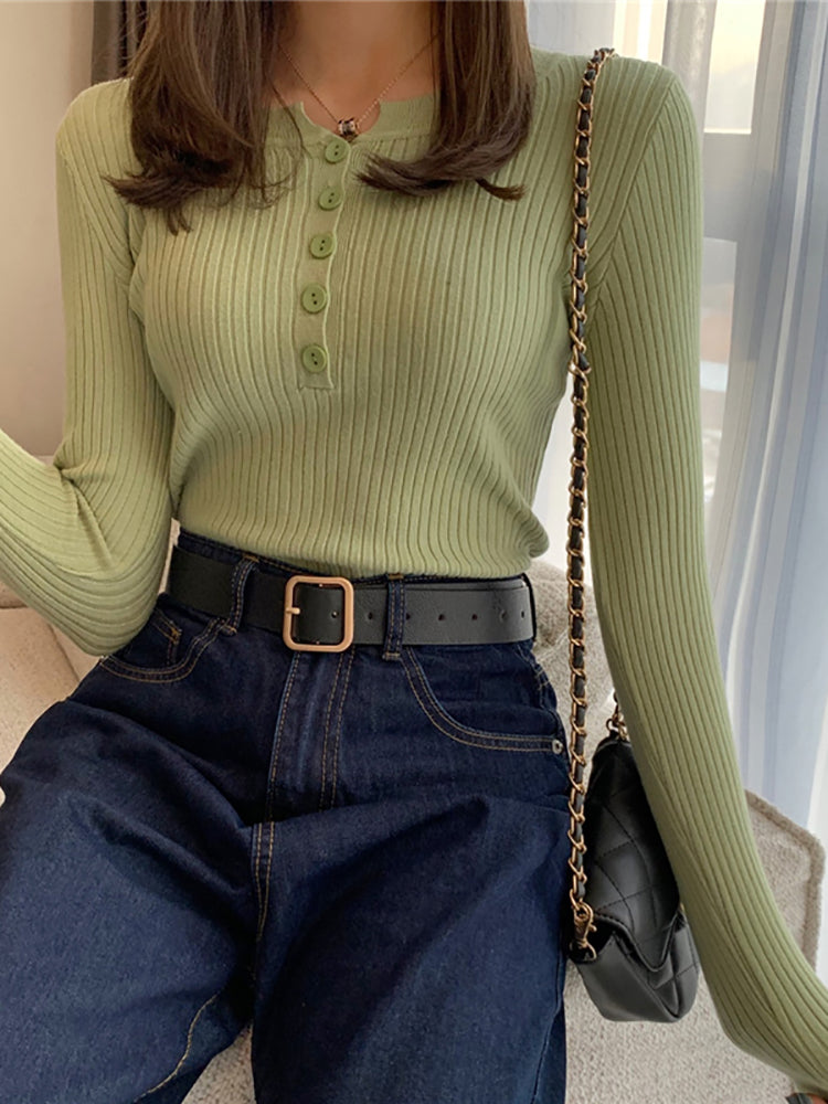Womens Knitted Sweater Button O Neck Pullover, Lightweight Spring Autumn Basic Sweaters for Female Slim Fit Solid Tops