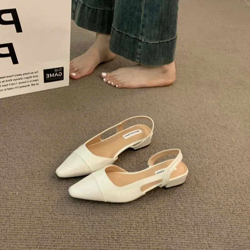 Womens Summer PU Leather Sandals, Brand Luxury Designer Fashion Low Heel Pointed Toe Non-Slip Ladies Flat Shoes