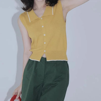 Retro Hong Kong Style Knitted Vest, Womens Summer Slimming Top, French Collar Design, Short Sleeveless Open Cardigan