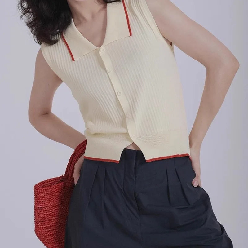 Retro Hong Kong Style Knitted Vest, Womens Summer Slimming Top, French Collar Design, Short Sleeveless Open Cardigan