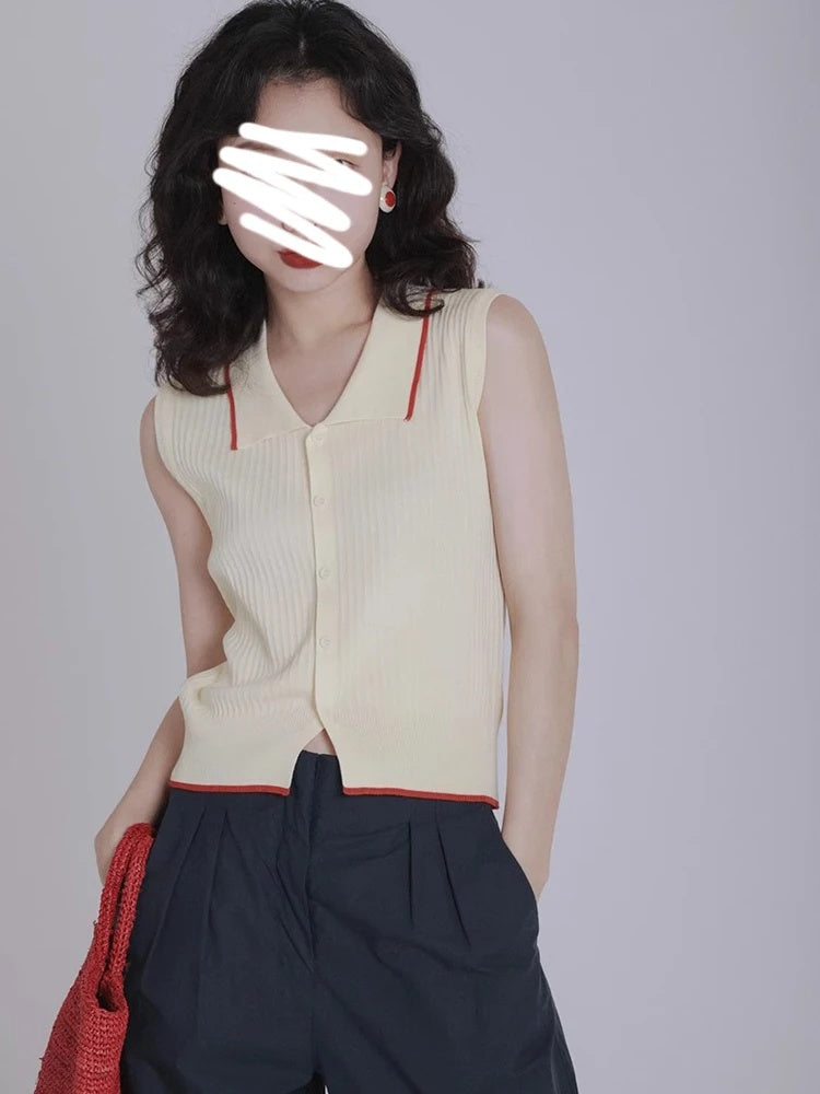 Retro Hong Kong Style Knitted Vest, Womens Summer Slimming Top, French Collar Design, Short Sleeveless Open Cardigan