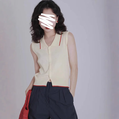 Retro Hong Kong Style Knitted Vest, Womens Summer Slimming Top, French Collar Design, Short Sleeveless Open Cardigan