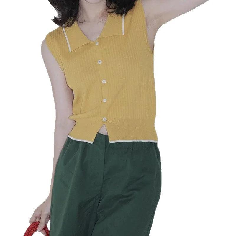 Retro Hong Kong Style Knitted Vest, Womens Summer Slimming Top, French Collar Design, Short Sleeveless Open Cardigan
