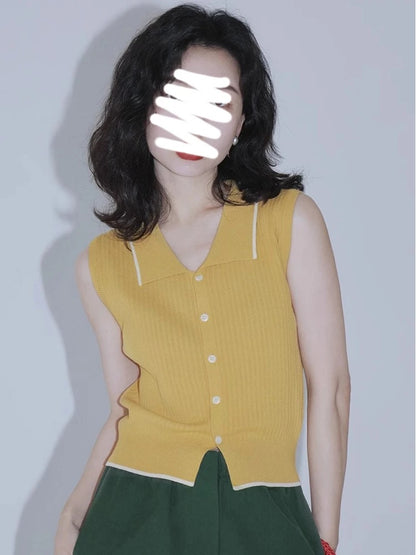 Retro Hong Kong Style Knitted Vest, Womens Summer Slimming Top, French Collar Design, Short Sleeveless Open Cardigan
