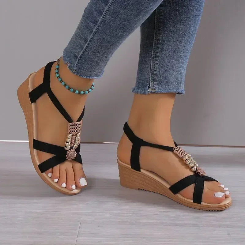 Womens New Style Round Toe Wedge Heel Casual Sandals, Comfortable Flat, Metal Decorated, Wear-Resistant Fashionable