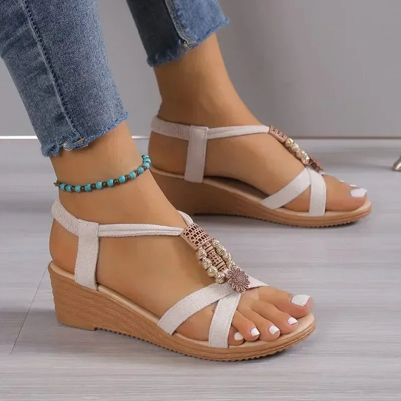 Womens New Style Round Toe Wedge Heel Casual Sandals, Comfortable Flat, Metal Decorated, Wear-Resistant Fashionable