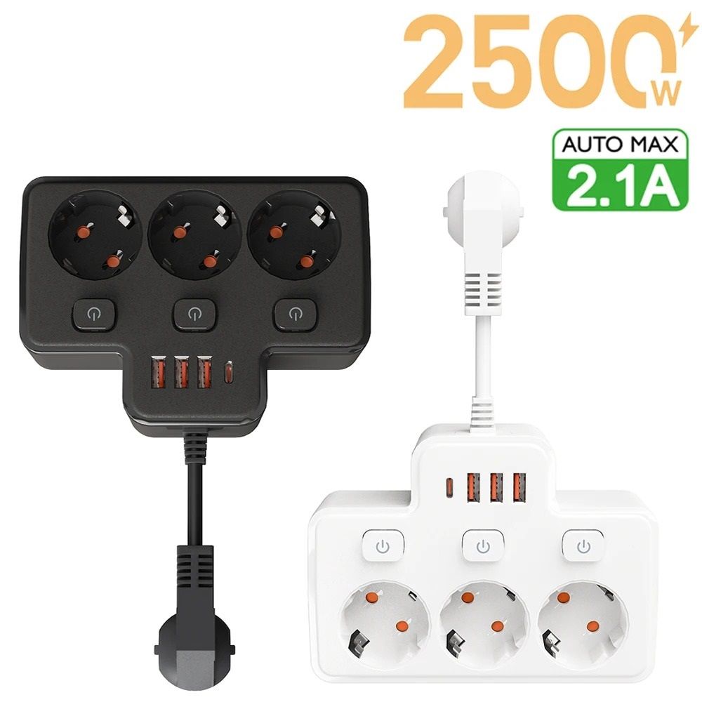Wall Mounted EU Power Strip with Independent Switch & USB Charging