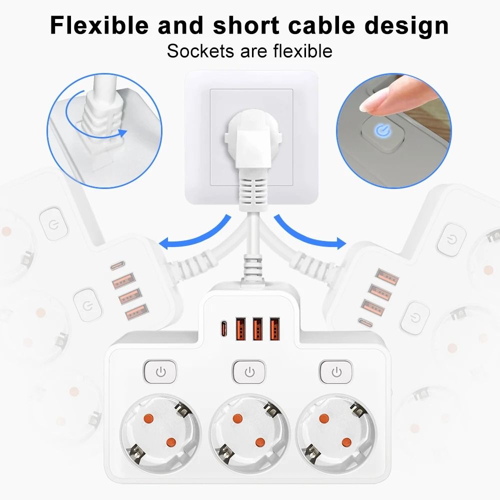 Wall Mounted EU Power Strip With Independent Switch  USB Charging 3