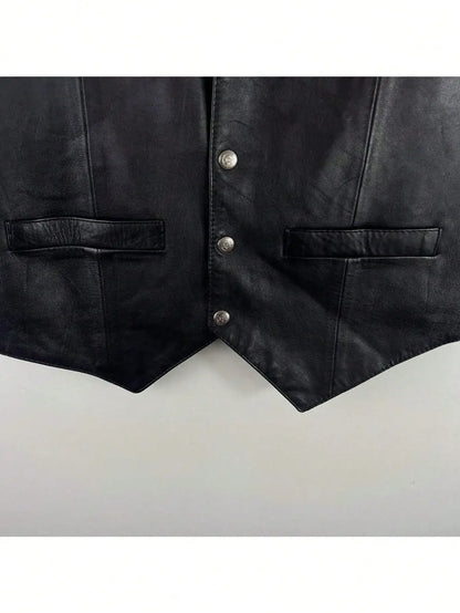 Mens Soft 100% Genuine Leather Vest, Western Biker Style, Snap Closure, Holiday Gift, Informal Attire