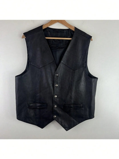 Mens Soft 100% Genuine Leather Vest, Western Biker Style, Snap Closure, Holiday Gift, Informal Attire