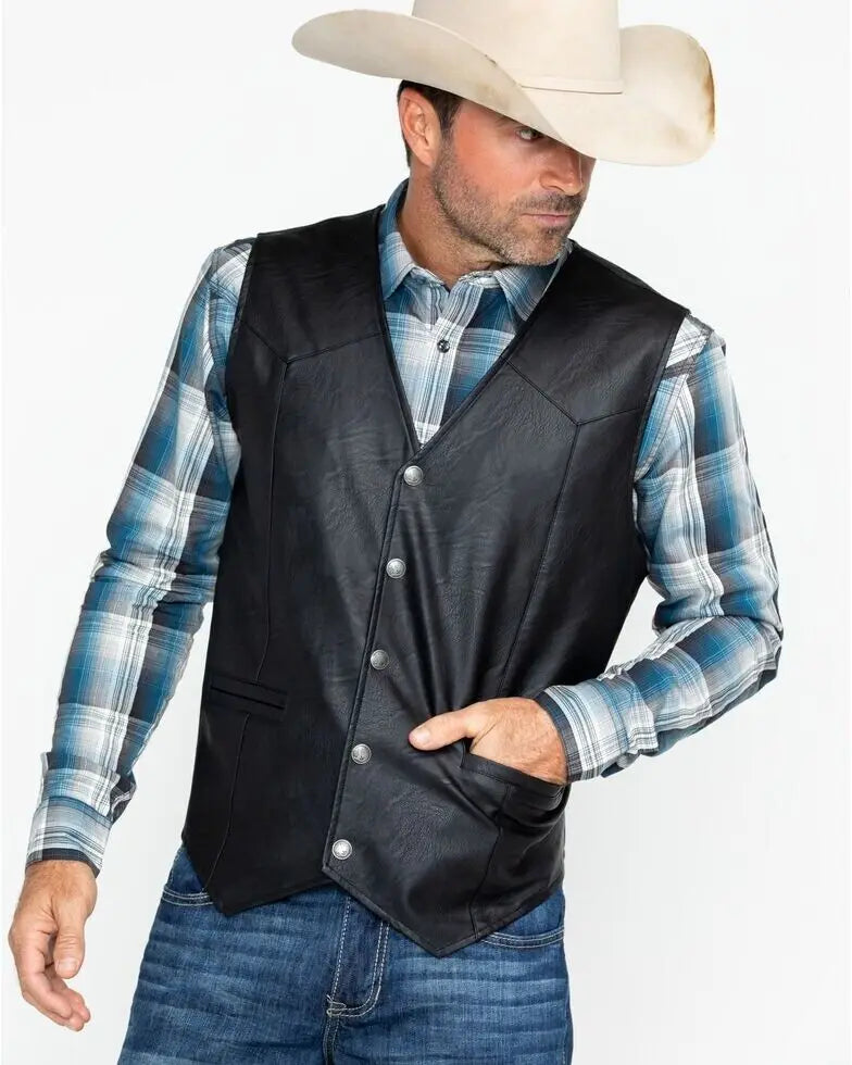 Mens Soft 100% Genuine Leather Vest, Western Biker Style, Snap Closure, Holiday Gift, Informal Attire