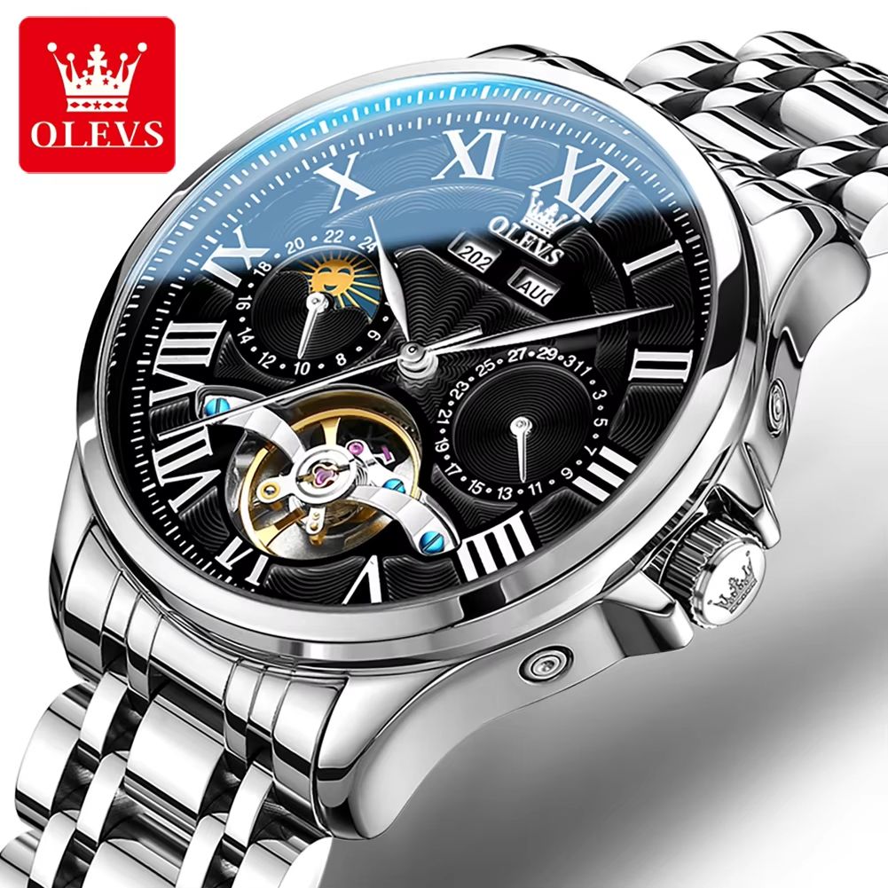OLEVS 7013 Luxury Automatic Mechanical Watch For Men  Moon Phase Skeleton Flywheel Waterproof 9