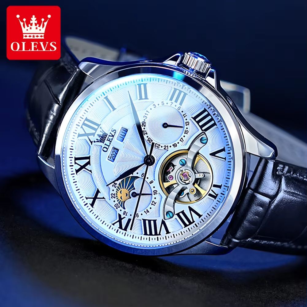 OLEVS 7013 Luxury Automatic Mechanical Watch For Men  Moon Phase Skeleton Flywheel Waterproof 2