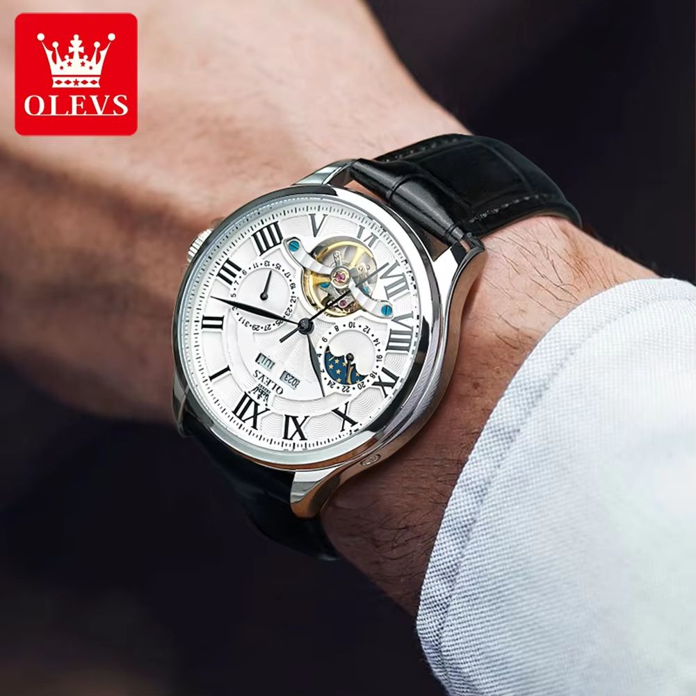 OLEVS 7013 Luxury Automatic Mechanical Watch For Men  Moon Phase Skeleton Flywheel Waterproof 3