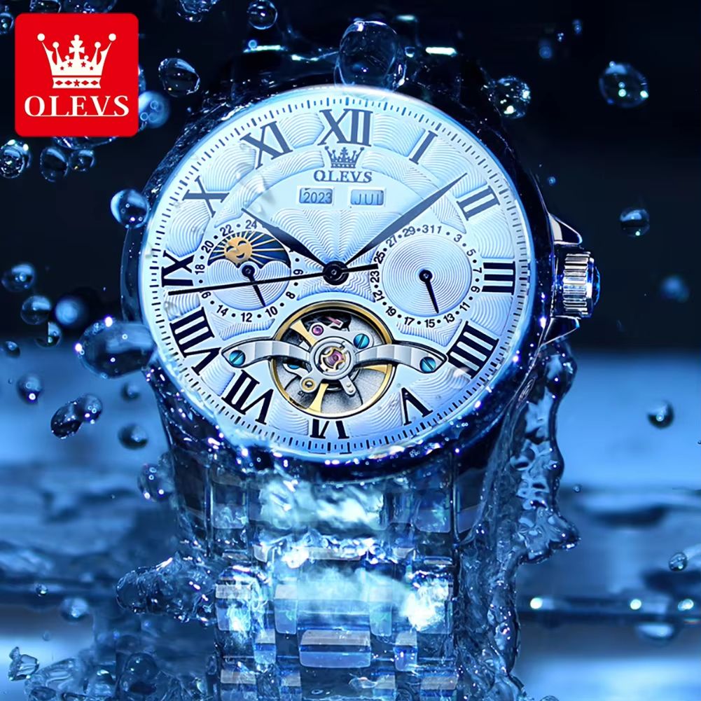 OLEVS 7013 Luxury Automatic Mechanical Watch For Men  Moon Phase Skeleton Flywheel Waterproof 4