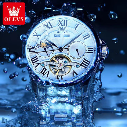 OLEVS 7013 Luxury Automatic Mechanical Watch For Men  Moon Phase Skeleton Flywheel Waterproof 4