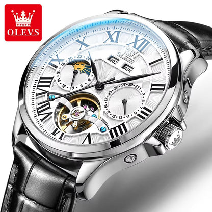 OLEVS 7013 Luxury Automatic Mechanical Watch For Men  Moon Phase Skeleton Flywheel Waterproof 6