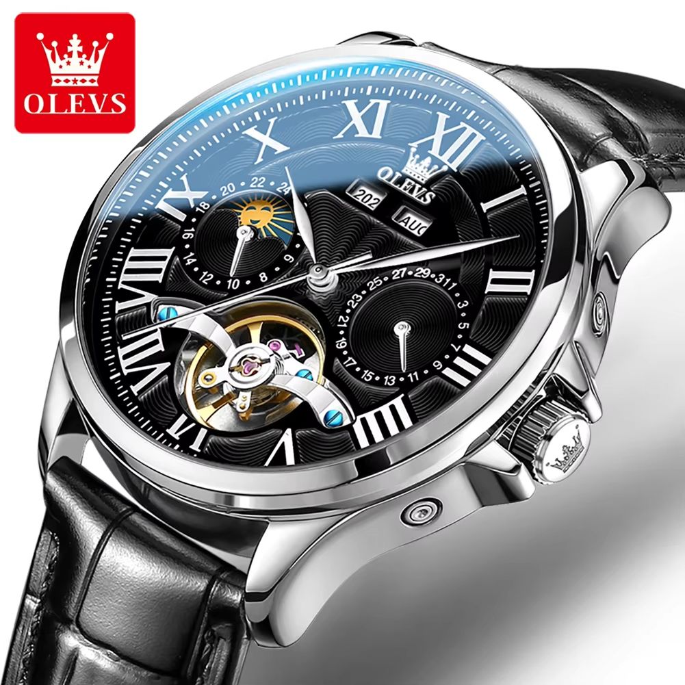 OLEVS 7013 Luxury Automatic Mechanical Watch For Men  Moon Phase Skeleton Flywheel Waterproof 7