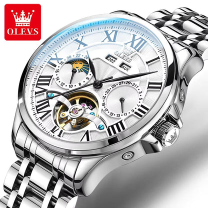 OLEVS 7013 Luxury Automatic Mechanical Watch For Men  Moon Phase Skeleton Flywheel Waterproof 8