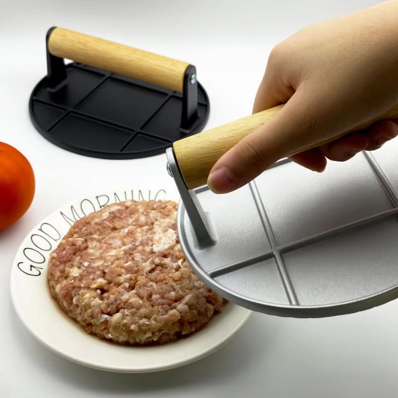Aluminum Alloy Burger Press  NonStick Meat Press With Wooden Handle For Homemade Burgers  BBQ 1