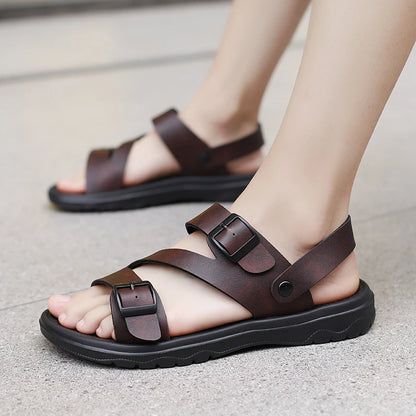 Mens Summer Sandals Outdoor Casual Sport Slippers, PU Leather Roman Flip-Flops, Non-Slip Breathable Garden Shoes
