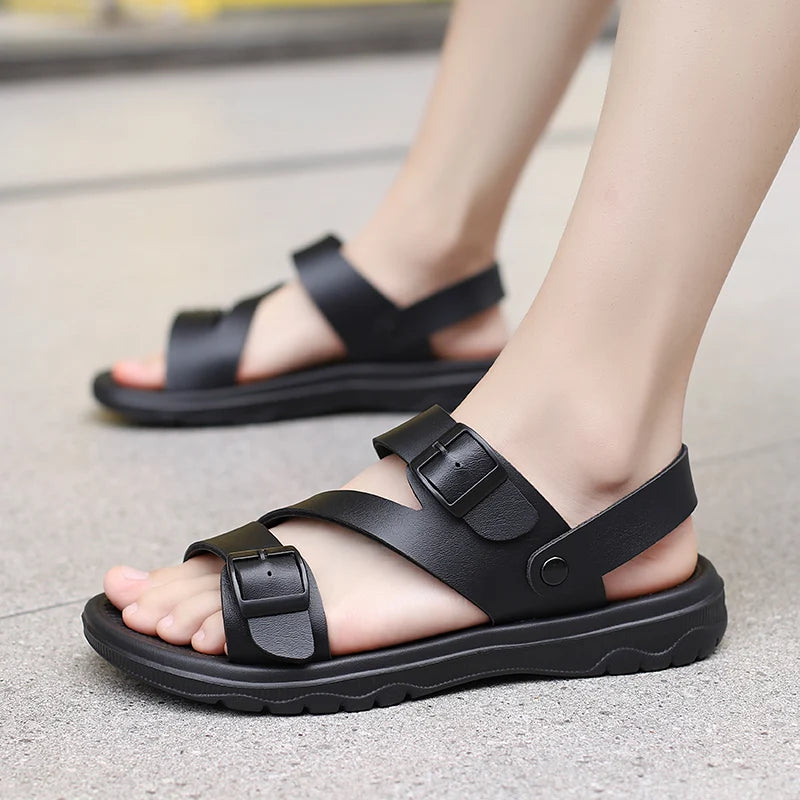 Mens Summer Sandals Outdoor Casual Sport Slippers, PU Leather Roman Flip-Flops, Non-Slip Breathable Garden Shoes